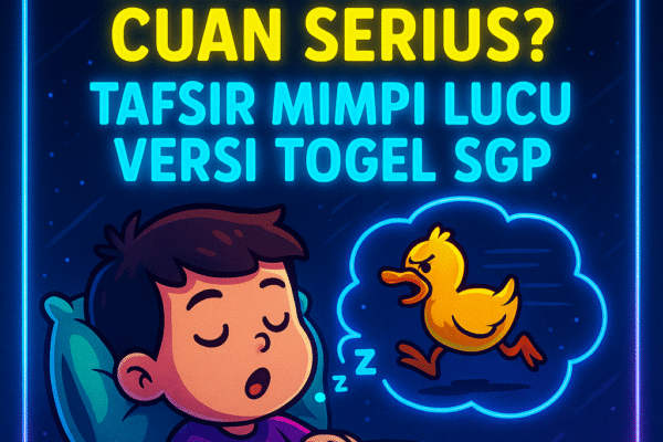 Ilustrasi animasi lucu bertema mimpi konyol dan togel SGP, menampilkan anak laki-laki tidur dengan mimpi bebek kuning marah